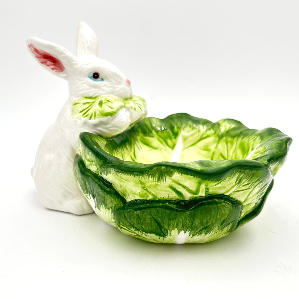 Palm Tree Vintage 1960's Ceramic White Bunny Lettuce Bowl Candy Dish Taiwan